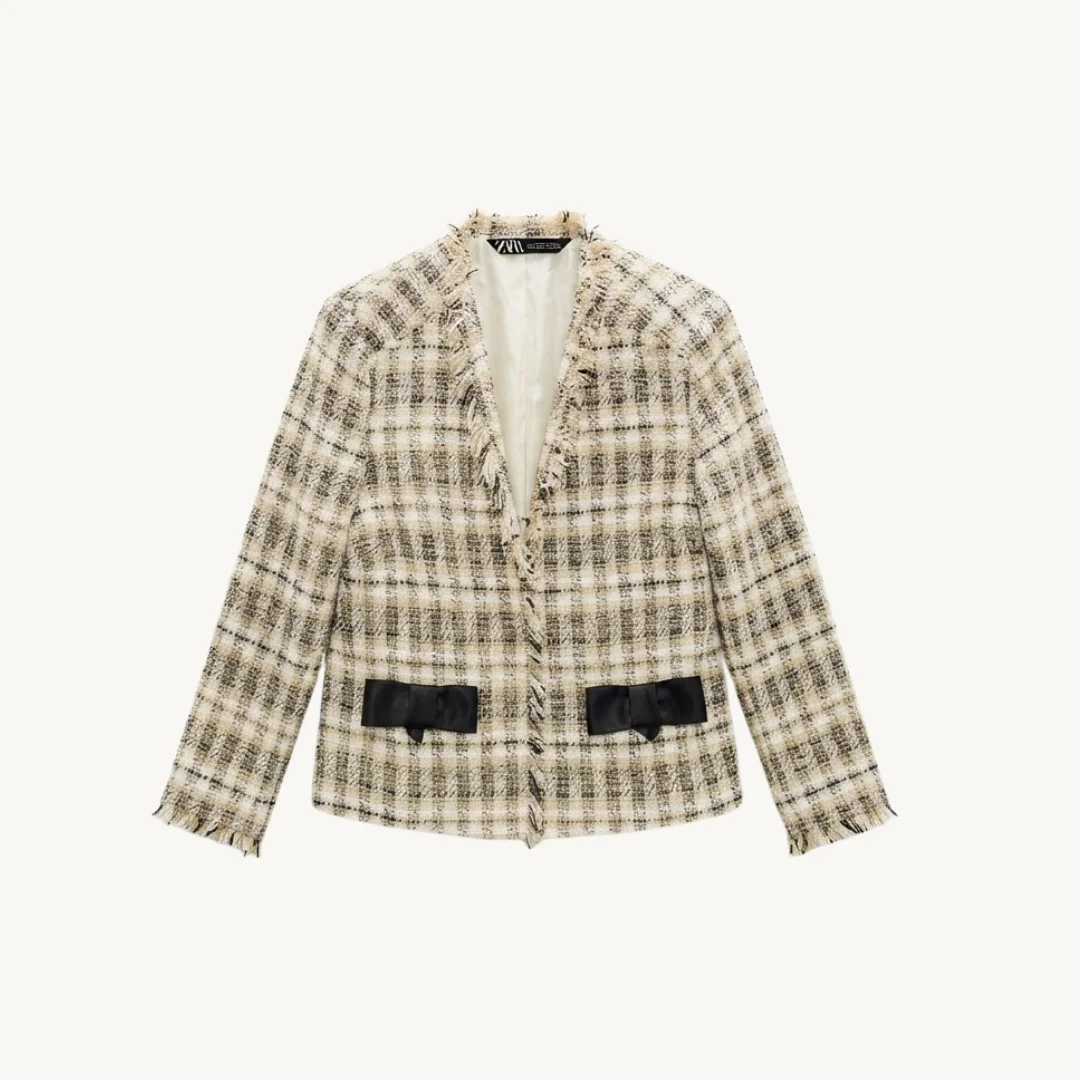Chaqueta Zara Tweed Cuadros Dorado y Negro